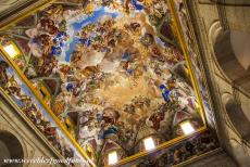 El Escorial in Madrid - Monastery and Site of the Escorial in Madrid: The dome of the basilica is adorned with colourful frescoes. The design of the dome of the Basilica...