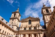 El Escorial in Madrid - Monastery and Site of the Escorial in Madrid: The Courtyard of the Kings and the Basilica of El Escorial. Under the High Altar of the Basilica is...