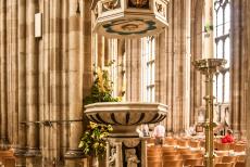 Canterbury Cathedral - The ornate baptismal font of Canterbury Cathedral dates from 1639. The font was smashed up by Puritans in 1641, the fragments were...