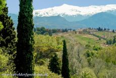 Alhambra, Generalife en Albayzín - Alhambra, Generalife en Albayzín, Granada: Het Alhambra omgeven door een ringmuur, op de achtergrond de Sierra Nevada. De...