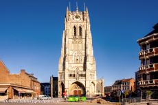 Flemish Béguinage Tongeren - The Belfry of the Basilica of Our Lady in Tongeren, the original Romanesque belfry was replaced by the present 64 metres tall Gothic belfry...