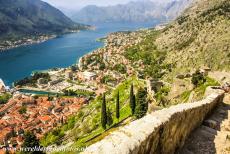Kotor en de Baai van Kotor - Natuurlijke en cultuurhistorische omgeving van Kotor: Het kerkje van Onze-Lieve-Vrouwe der Gezondheid staat halverwege de vestingmuren....