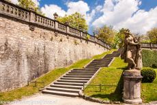 Würzburg Residence - Würzburg Residence: A monumental staircase leading up to a terrace in the East Court Garden. The Mirror Cabinet is one of the most notable...