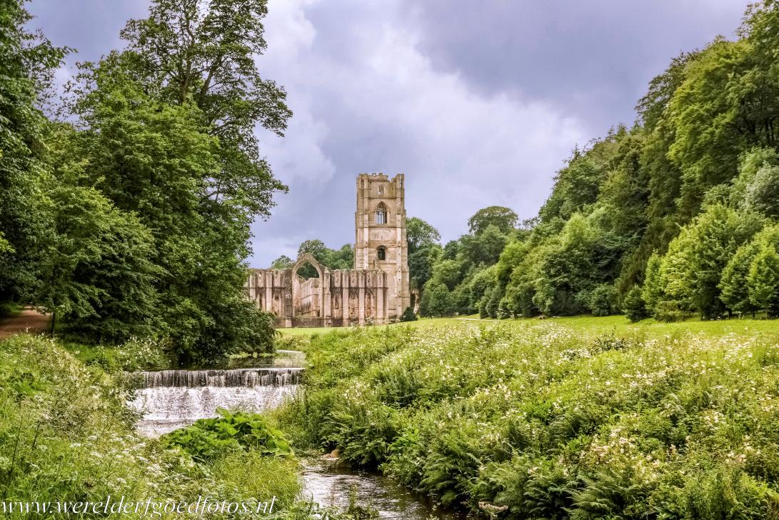 Studley Royal Park - ruins of Fountains Abbey - Studley Royal Park&nbsp;including the ruins of Fountains Abbey:&nbsp;The Grey's Walk leading to the ruins of Fountains Abbey, situated in...