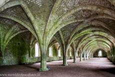 Studley Royal Park - ruins of Fountains Abbey - Studley Royal Park&nbsp;including the ruins of Fountains Abbey: The cellarium of the abbey was used to store food, ale and wines. A&nbsp;river is...