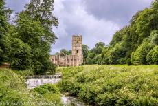 Studley Royal Park - ruins of Fountains Abbey - Studley Royal Park&nbsp;including the ruins of Fountains Abbey:&nbsp;The Grey's Walk leading to the ruins of Fountains Abbey, situated in...