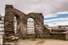 Roman Walls of Lugo - The ruins of the A Morqueira Tower of the Roman Walls of Lugo. The A Morqueira Tower is the only tower with the remains of windows. Each...