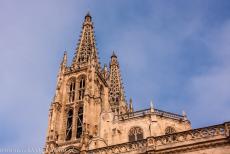 Burgos Cathedral - Burgos Cathedral: A spire with open stone work. The twin towers of the Burgos Cathedral were built in the 13th and 14th centuries. The design of...