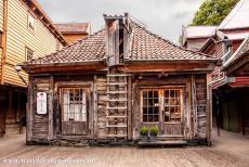 Bryggen - The Bottega along the Bellgården in Bryggen is a three-hundred year old wooden building. The warehouses of Bryggen were filled with goods...