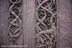 Urnes Stave Church - Urnes Stave Church: The original decorated sections from an earlier church have been used on the northern wall, probably parts of the portal, wall...