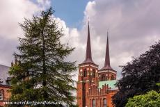 Roskilde Cathedral - The square twin towers of Roskilde Cathedral. The cathedral has been the main burial place for the members of the Danish Royal Family since the...