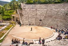 Sanctuary of Asklepios at Epidaurus - The circular stage of the Sanctuary of Asklepios at Epidaurus and the marble entrance gate on the western side of the theatre. There is a...