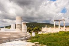 Sanctuary of Asklepios at Epidaurus - Sanctuary of Asklepios at Epidaurus: The Tholos or the Thymele of Epidaurus, on the right hand side the colonnade of the Abaton. There...