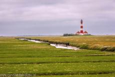 Duitse deel van de Waddenzee - Waddenzee : De vuurtoren van Westerheversand&nbsp;werd in 1907 op een terp gebouwd. In de twee bijgebouwen naast de vuurtoren zijn&nbsp;een...