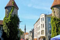 Historisch centrum van Tallinn - Historisch centrum (oude stad) van Tallinn: De 14de eeuwse Viru Väravad, de Virupoort, is de oostelijke stadspoort van Tallinn. De poort...