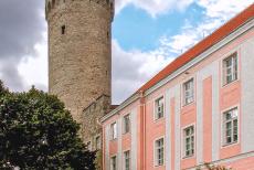 Historisch centrum van Tallinn - Historisch centrum (oude stad) van Tallinn: De vlag van Estland op wappert op Pikk Hermann, een verdedigingstoren aan de zuidwestkant van het...