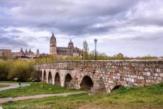 Oude stad van Salamanca - Oude stad van Salamanca: De Puente Mayor del Tormes, de brug over de rivier de Tormes, op de achtergrond de kathedraal van Salamanca, de...