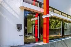 Rietveld Schröder House - Rietveld Schröder House: A detail of the front façade, the primary colours red, yellow and blue distinguished different spaces or...