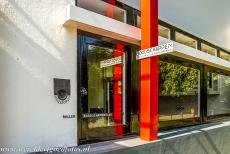 Rietveld Schröder House - Rietveld Schröder House: A detail of the front façade, the primary colours red, yellow and blue distinguished different spaces or...