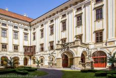 Gardens and Castle at Kroměříž - The courtyard and main entrance of the Castle at Kroměříž. The castle houses an art collection, it is the second finest in the Czech...