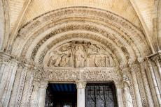 Bourges Cathedral - Bourges Cathedral: The north portal has still its original oak doors, carved in the 15th century. The tympanum depicts: at the centre framed by...