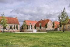 Christiansfeld, a Moravian Church Settlement - Christiansfeld, a Moravian Church Settlement: The 'Kirkepladsen' is the church square. The town was built around this central square,...