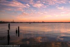 Historic Centre of Stralsund - The Skyline of Stralsund at night, on the left hand side the Rügenbrücke, the Rügen Bridge, the bridge between Stralsund and de...