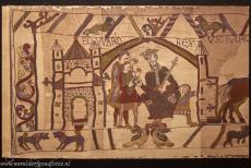 Wandkleed van Bayeux - Wandkleed van Bayeux: Deze scène toont Koning Edward zittend op zijn troon terwijl hij praat met Harald Godwinson en Odo de...
