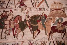 Wandkleed van Bayeux - Een scène uit het Wandkleed van Bayeux, het leger van hertog Willem van Normandië passeert Mont Saint Michel, een...