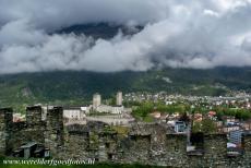 The three Castles of Bellinzona - Castelgrande Castle seen from the Montebello Castle. The 13th century Castelgrande is one of the three castles of Bellinzona. Castelgrande Castle...