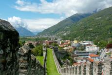 The three Castles of Bellinzona - Three Castles, Defensive Wall and Ramparts of the Market-Town of Bellinzona: The 'Murata' viewed from Castelgrande Castle. The...